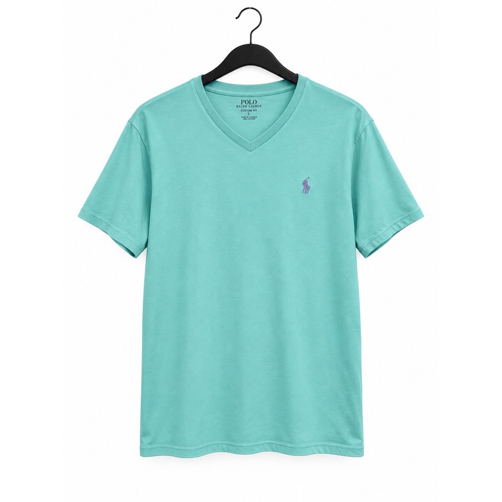 Polo Ralph Lauren Mens Large V-Neck T-Shirt Mint Green Pink Pony Custom Fit Tee